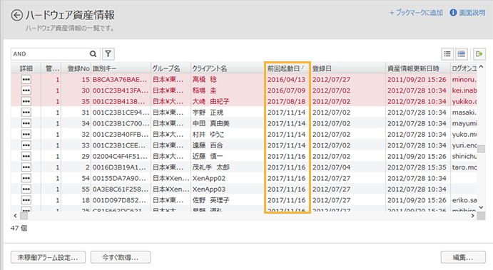 「ハードウェア資産情報」画面