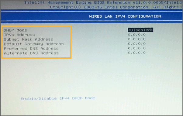 WIRED LAN IPV4 CONFIGURATION画面