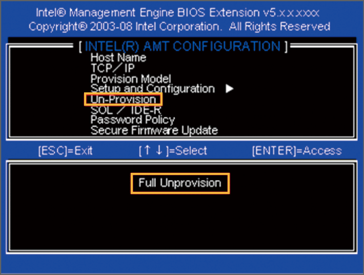 INTEL(R) AMT CONFIGURATION画面